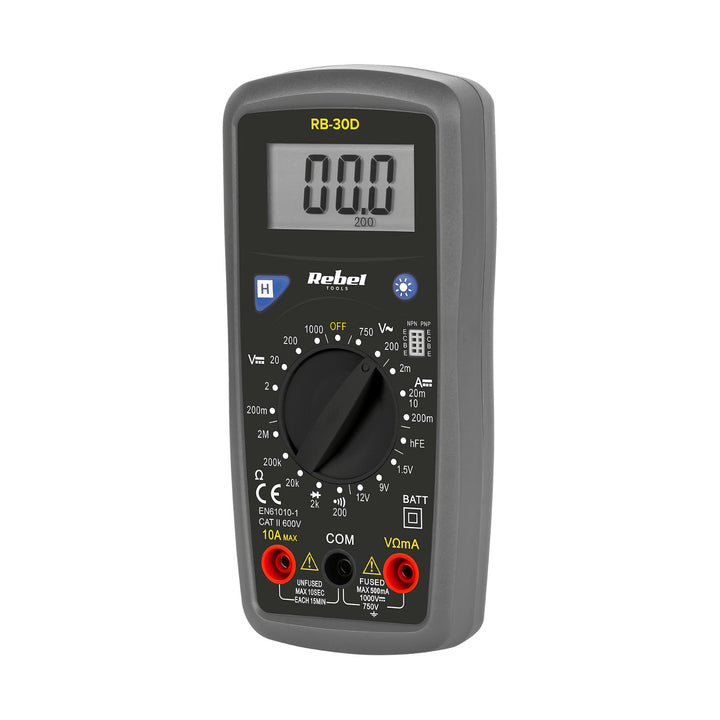 Le compteur universel Rebel Tools RB-30D comprend des cordons de test