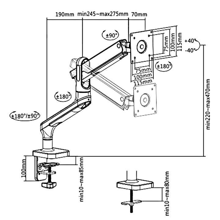 Ergo Office ER-436 Support d'écran premium avec ressort à gaz, double bras 17"-32" 9 kg,