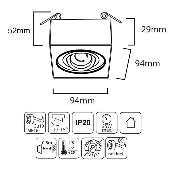 Maclean MCE464 W Plafonnier spot pour sources lumineuses MR16/GU10 blanc 94x94x32 mm carré alu