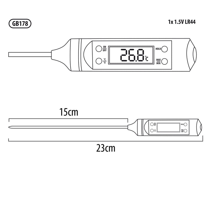 Thermomètre / sonde pour aliments GreenBlue GB178, longueur de sonde 15 cm, plage de température -50 degrés C à +300 degrés C, précision 0,1 degrés C,