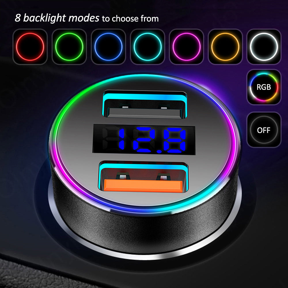 Maclean MCE375 Chargeur de voiture écran aluminium voltmètre USB 1x QC 3.0 USB 1x 5V/2.4A RGB LED