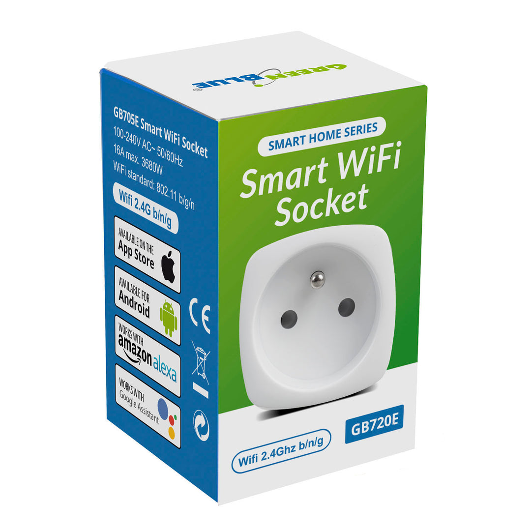 Prise connectée GreenBlue WiFi, Android/iOS/Alexa/Google Home, consommation électrique, minuterie, max. Énergie, minuterie, max 3680W, type E, GB720 E