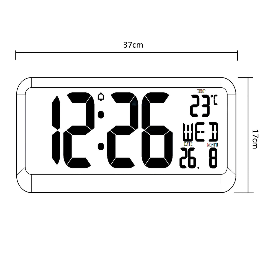 Horloge numérique avec capteur de température 37x17cm Grande horloge murale Alarme Écran LCD À poser sur une table ou à accrocher au mur Alimentation par adaptateur secteur ou piles