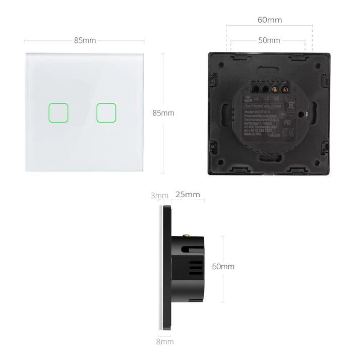 Maclean MCE717B Interrupteur tactile double, SMART, Tuya APP, verre, noir avec illumination par bouton carré, 86x86mm,