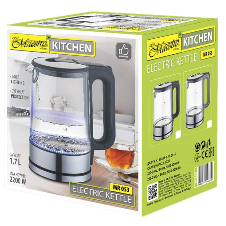 Bouilloire électrique en verre avec éclairage intérieur 1,7L Maestro Base à 360 degrés Filtre anti-calcaire.