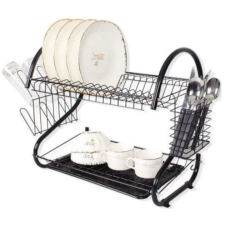 Séchoir à vaisselle à 2 étages Maestro Égouttoir à vaisselle avec support Étagère à verres et à couverts Noir (43cm)