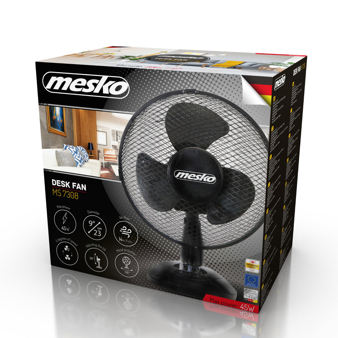 Ventilateur de bureau 23cm 45W Mesko MS 7308, oscillation, deux vitesses de ventilation