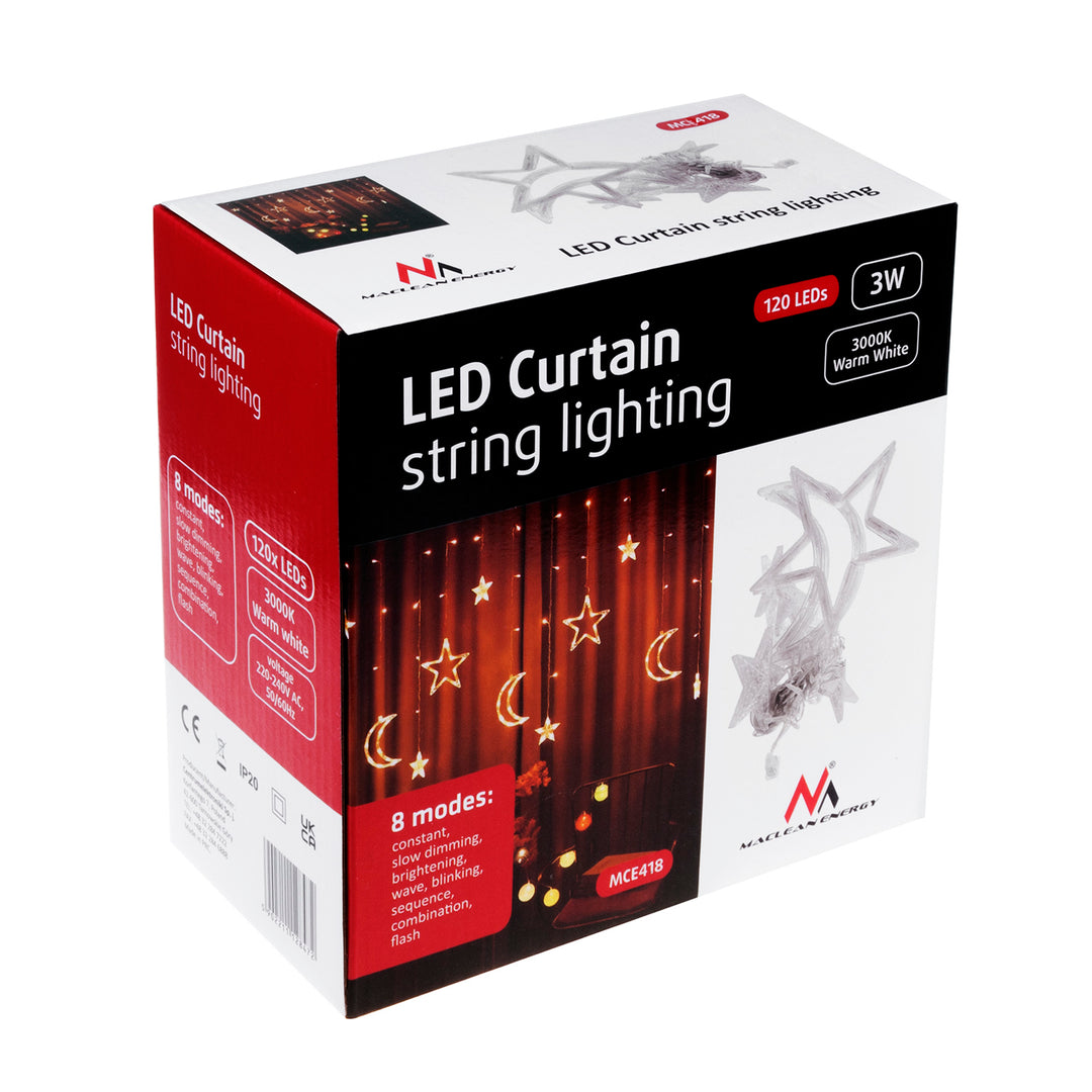 Maclean MCE418 rideau de lumière 3m LED longueur totale 5.2 m 120 LEDs 8 modes d'éclairage 220-240 V AC 50/60 Hz temp. couleur 3000K Éclairage de Noël Guirlande lumineuse