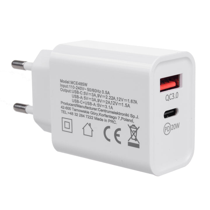 Chargeur secteur Maclean 20W, PD QC 3.0, 5V3A/9V2.22A/12V1.67A, blanc, MCE485W