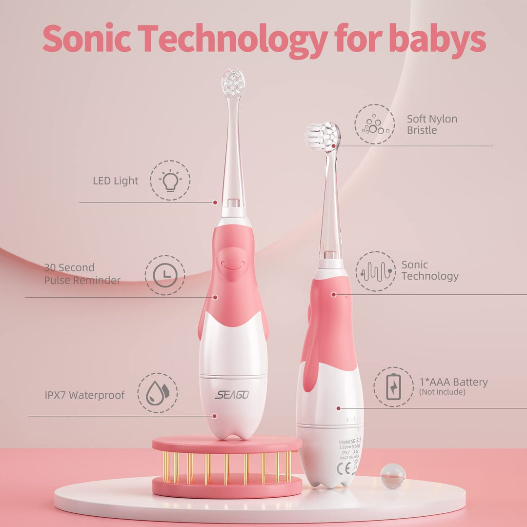 SEAGO brosse à dents sonique pour enfants, rose, 1xAA 1.5V (non inclus), 4 embouts, SG-513 Pink