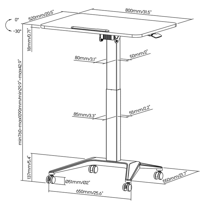 Maclean MC-453B bureau mobile pour ordinateur portable, noir, réglage pneumatique de la hauteur, 80x52cm, 8kg max, 109cm h, MC-453B