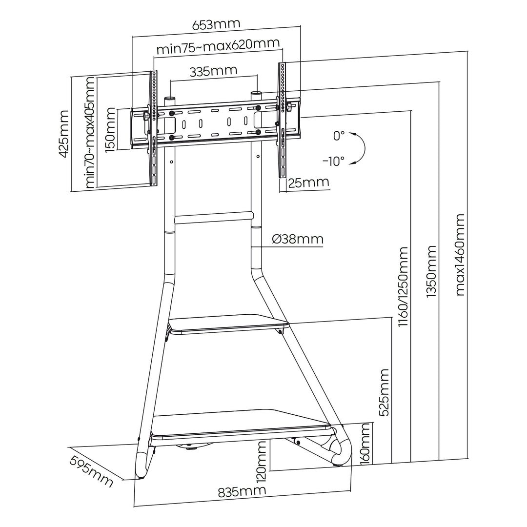 Support TV d'angle style Bauhaus, Support TV autoportant à deux niveaux en bois, Charge max. 10 kg, Support TV jusqu'à 40 kg, 37-75'', Max. VESA 600x400, Max. Hauteur 1460 mm