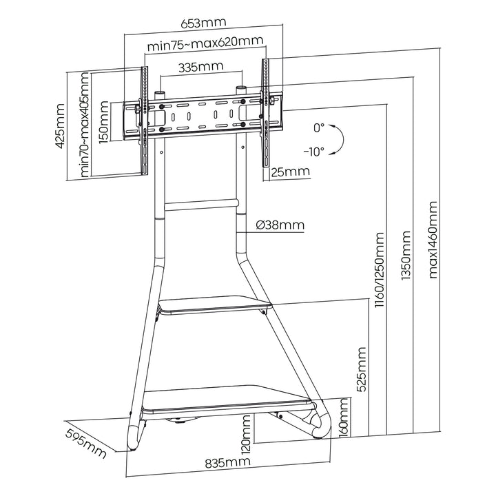 Support TV d'angle style Bauhaus, Support TV autoportant à deux niveaux en bois, Charge max. 10 kg, Support TV jusqu'à 40 kg, 37-75'', Max. VESA 600x400, Max. Hauteur 1460 mm