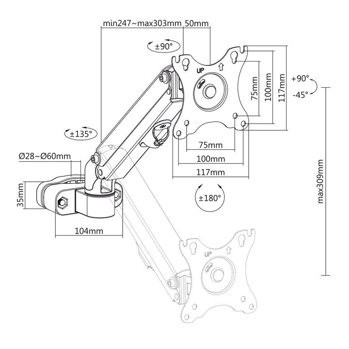 Support de moniteur pour tube/poteau 28-60mm Maclean, 17-27'', 7kg max, vérin à gaz, MC-459