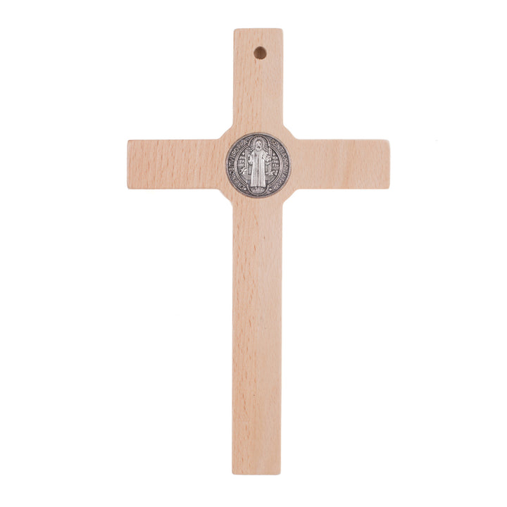 Croix de St Benoît suspendue en bois avec pasque naturel 28x16x1.8cm