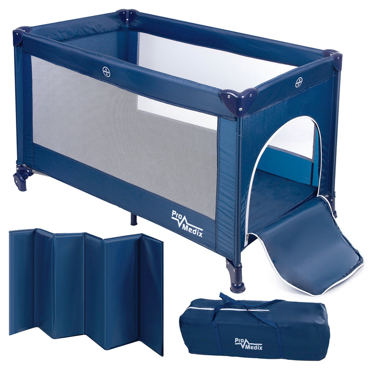 Promedix PR-803 B Lit de voyage 125x65x74 cm bleu roulettes housse de protection