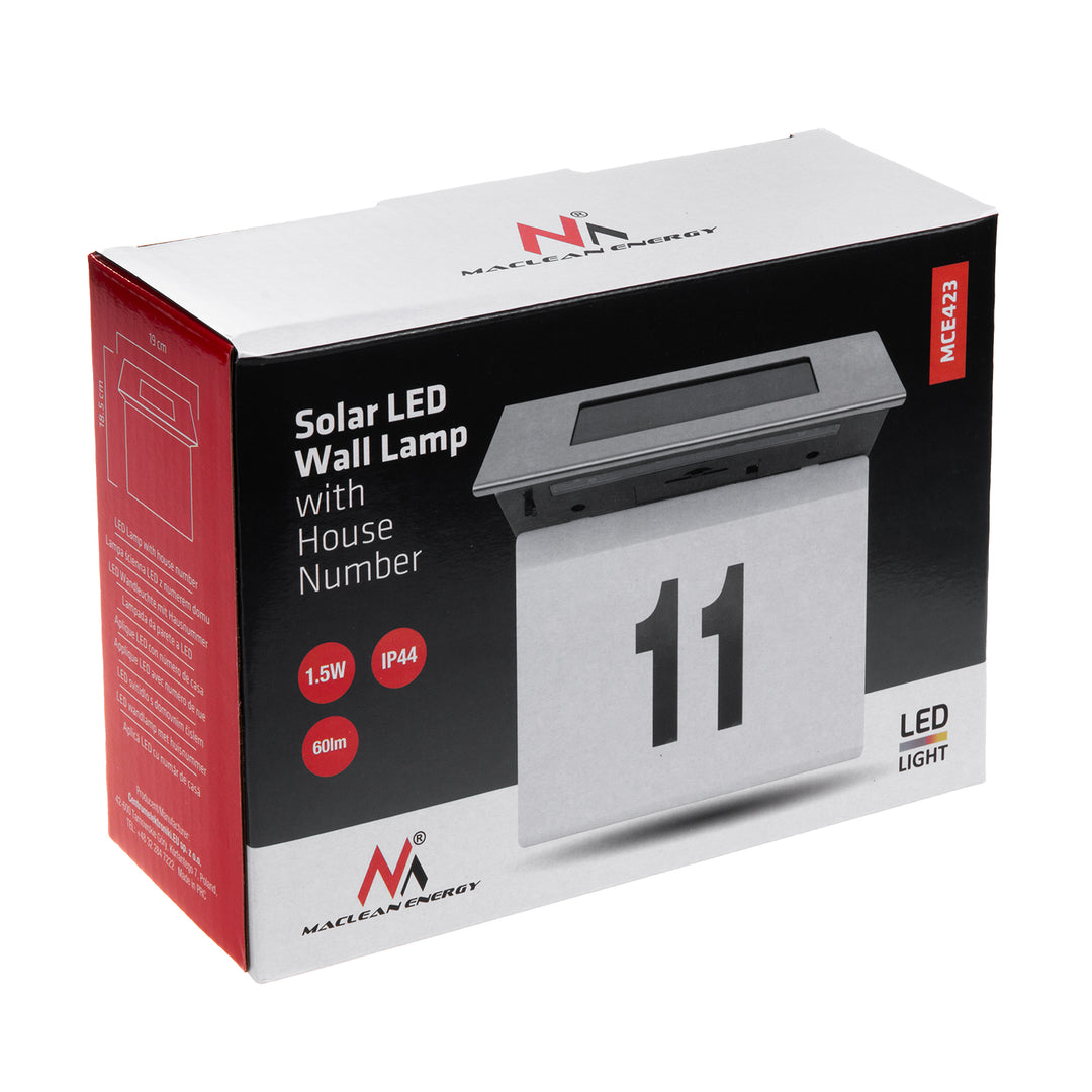 Lampe solaire à LED avec numéro de maison Maclean, IP44, 1W, 60lm, 6000K, batterie rechargeable 600 mAh, 2,5V DC 70mA, MCE423