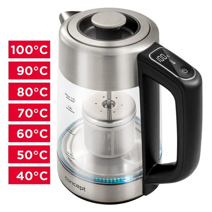 Concept RK4190 Bouilloire électrique en verre 1,7L avec contrôle de la température et infuseur