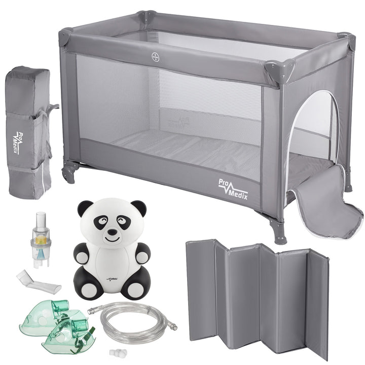 Lit de voyage Promedix, 125x65x74cm, gris, roulettes, housse de protection, PR-803 G + inhalateur Panda pour bébé PR-812